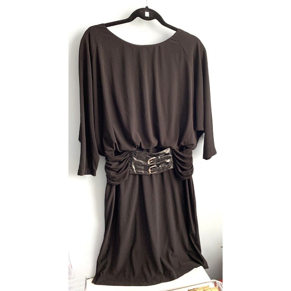 Adrianna Papell Vintage LBD Black Sheath Draped Dress 3/4 Sleeve Accent Belt  10
